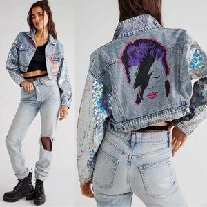 NWT Wren + Glory Hand Painted Bowie Denim Jacket Sequin Cropped Free People O/S